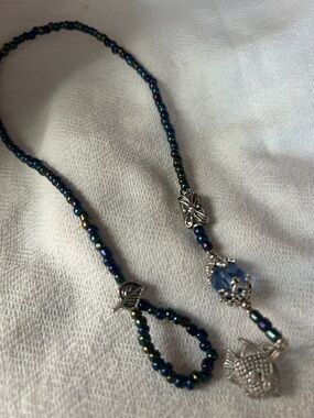 Iridescent Blue Beaded Lanyard Necklace with Silver Fish Charm